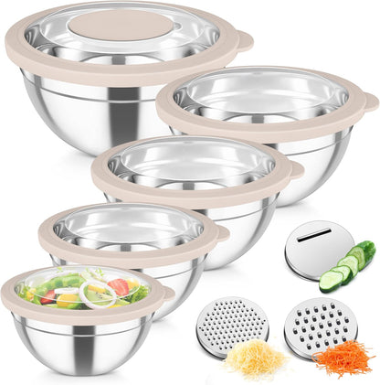 Mixing Bowls, Stainless Steel Salad Serving Bowl with Clear Lids | with 3 Graters, For Kitchen Cooking Prepping Storing, Size 4.6/2.6/1.5/1/0.7 QT, Nesting & Airtight, Set of 5 & Khaki