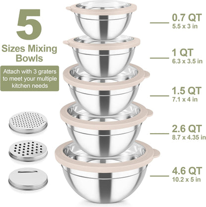 Mixing Bowls, Stainless Steel Salad Serving Bowl with Clear Lids | with 3 Graters, For Kitchen Cooking Prepping Storing, Size 4.6/2.6/1.5/1/0.7 QT, Nesting & Airtight, Set of 5 & Khaki