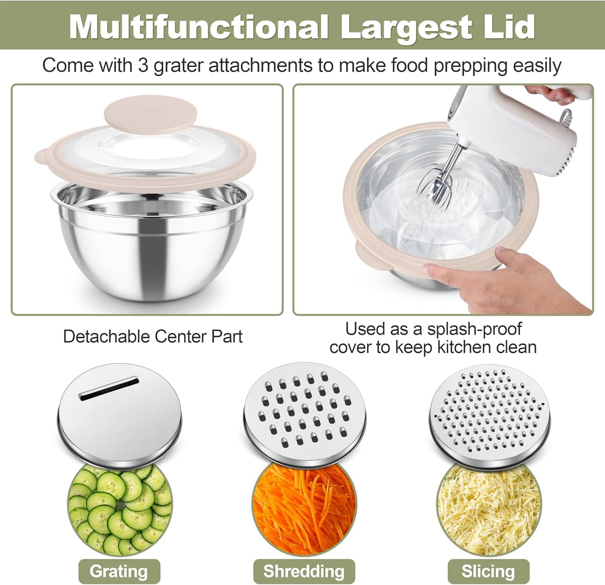 Mixing Bowls, Stainless Steel Salad Serving Bowl with Clear Lids | with 3 Graters, For Kitchen Cooking Prepping Storing, Size 4.6/2.6/1.5/1/0.7 QT, Nesting & Airtight, Set of 5 & Khaki