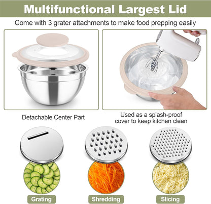 Mixing Bowls, Stainless Steel Salad Serving Bowl with Clear Lids | with 3 Graters, For Kitchen Cooking Prepping Storing, Size 4.6/2.6/1.5/1/0.7 QT, Nesting & Airtight, Set of 5 & Khaki