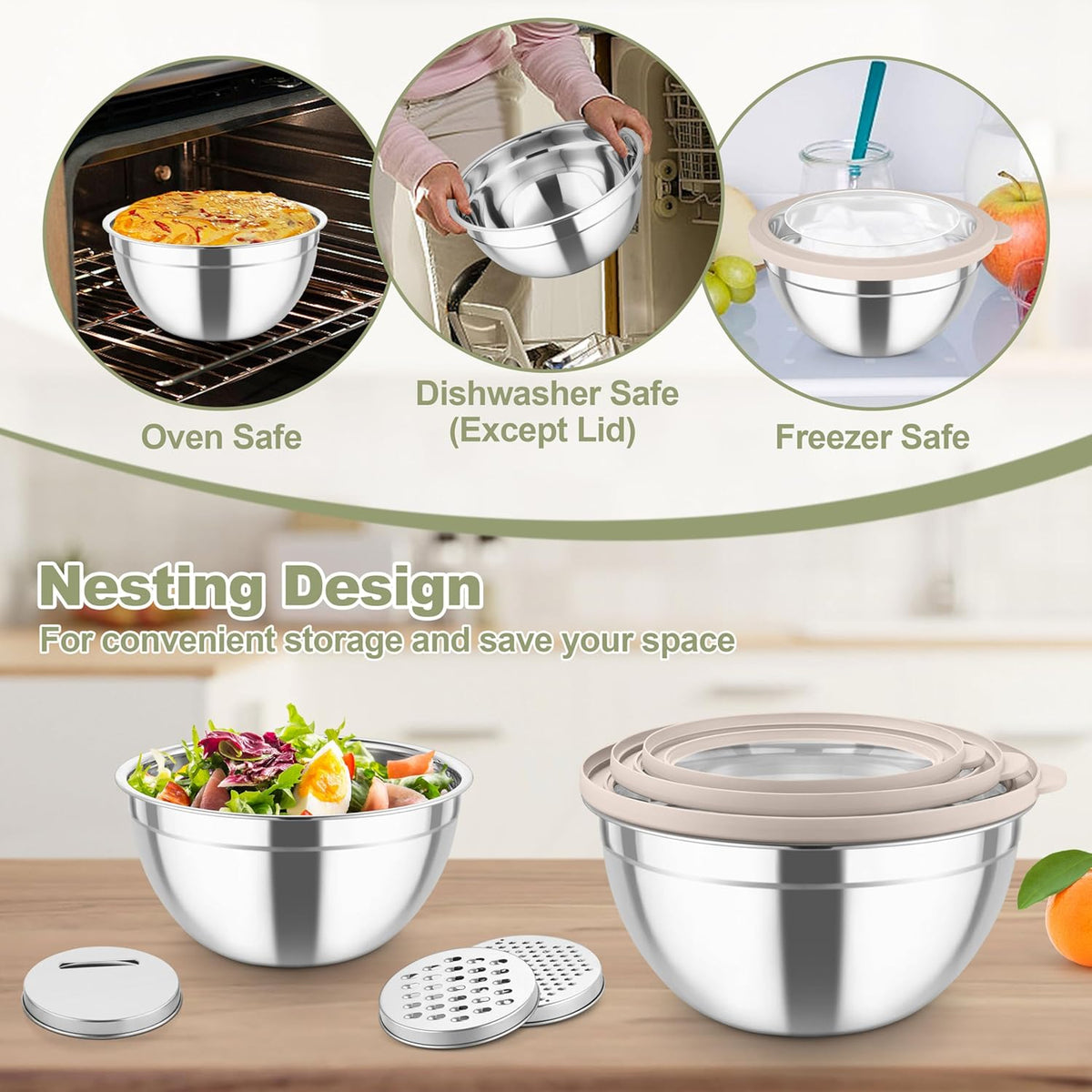 Mixing Bowls, Stainless Steel Salad Serving Bowl with Clear Lids | with 3 Graters, For Kitchen Cooking Prepping Storing, Size 4.6/2.6/1.5/1/0.7 QT, Nesting & Airtight, Set of 5 & Khaki