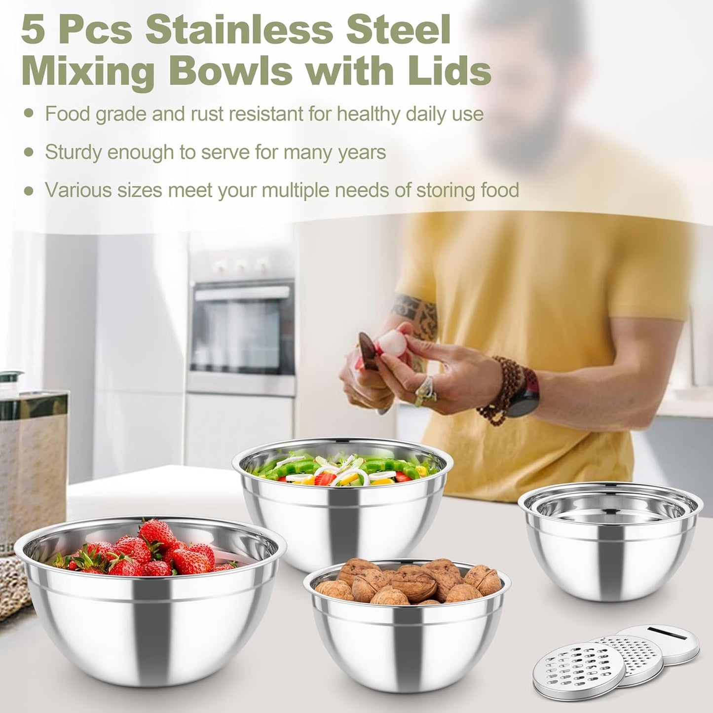 Mixing Bowls, Stainless Steel Salad Serving Bowl with Clear Lids | with 3 Graters, For Kitchen Cooking Prepping Storing, Size 4.6/2.6/1.5/1/0.7 QT, Nesting & Airtight, Set of 5 & Khaki