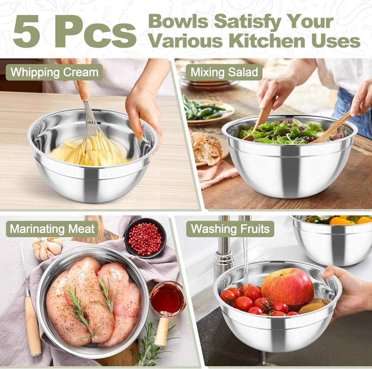 Mixing Bowls, Stainless Steel Salad Serving Bowl with Clear Lids | with 3 Graters, For Kitchen Cooking Prepping Storing, Size 4.6/2.6/1.5/1/0.7 QT, Nesting & Airtight, Set of 5 & Khaki