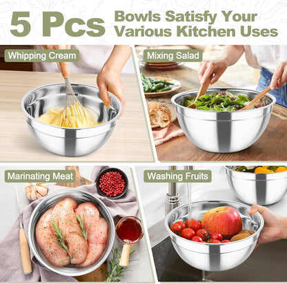 Mixing Bowls, Stainless Steel Salad Serving Bowl with Clear Lids | with 3 Graters, For Kitchen Cooking Prepping Storing, Size 4.6/2.6/1.5/1/0.7 QT, Nesting & Airtight, Set of 5 & Khaki