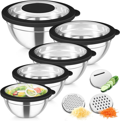 Mixing Bowls, Stainless Steel Salad Serving Bowl with Clear Lids | with 3 Graters, For Kitchen Cooking Prepping Storing, Size 4.6/2.6/1.5/1/0.7 QT, Nesting & Airtight, Set of 5 & Khaki