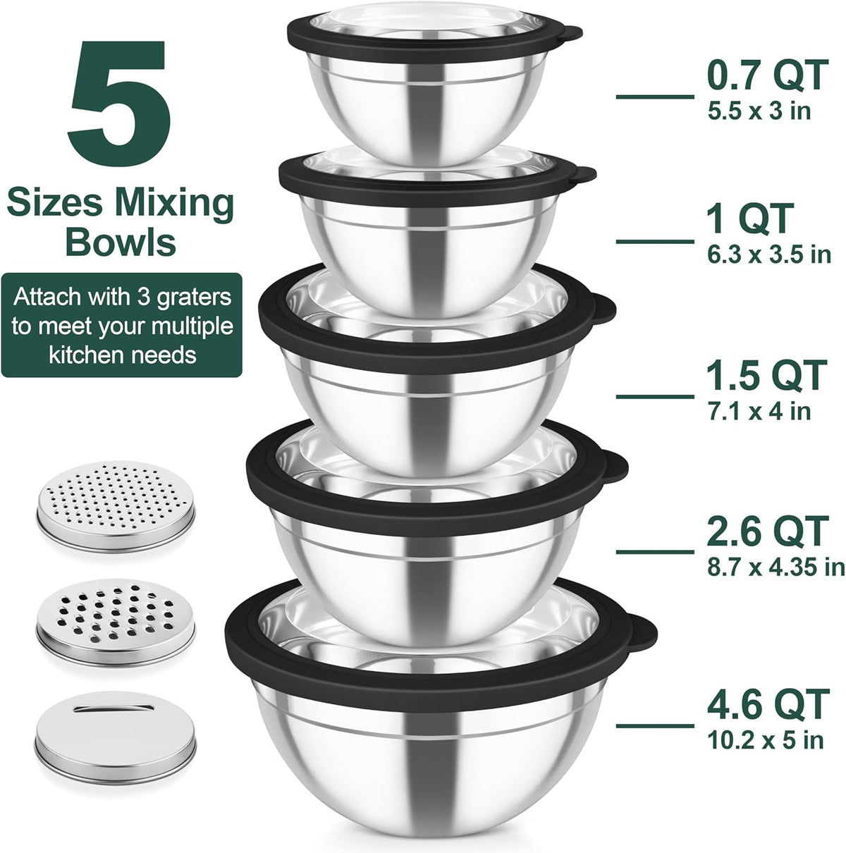 Mixing Bowls, Stainless Steel Salad Serving Bowl with Clear Lids | with 3 Graters, For Kitchen Cooking Prepping Storing, Size 4.6/2.6/1.5/1/0.7 QT, Nesting & Airtight, Set of 5 & Khaki