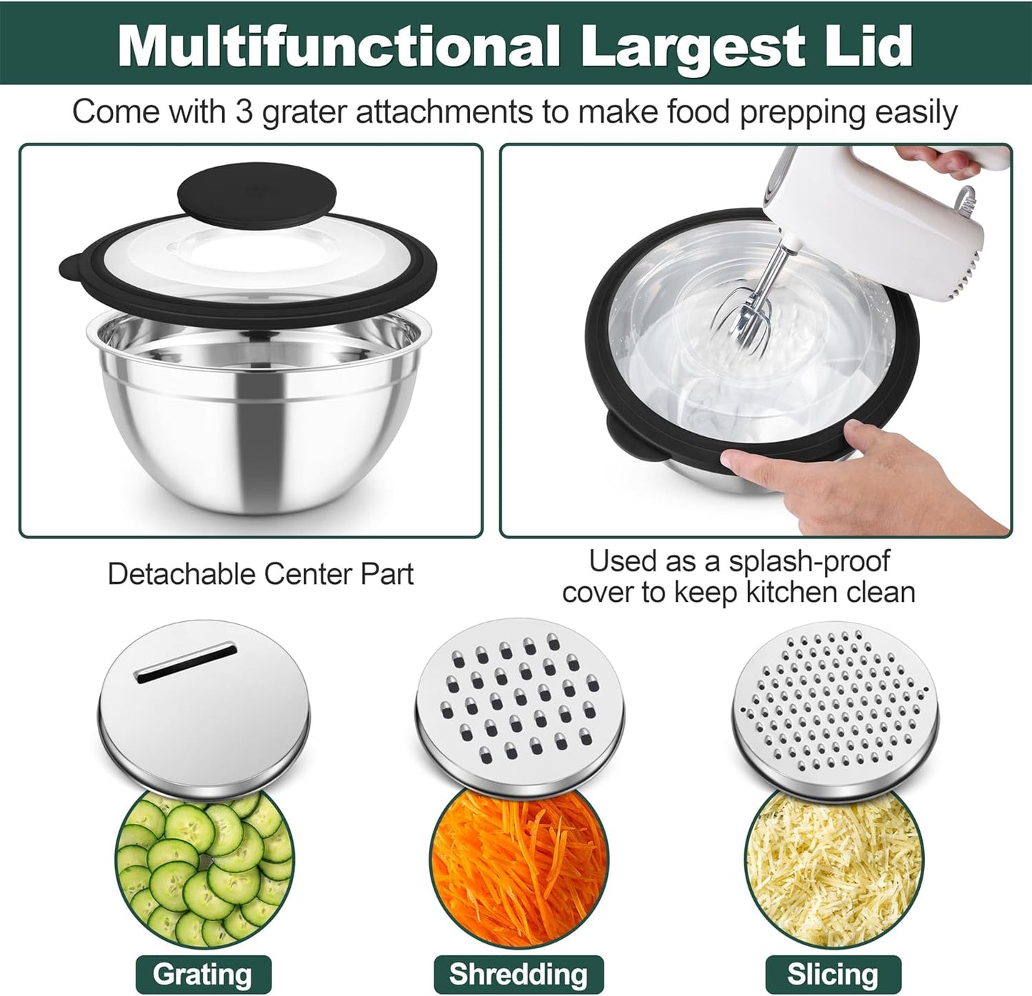 Mixing Bowls, Stainless Steel Salad Serving Bowl with Clear Lids | with 3 Graters, For Kitchen Cooking Prepping Storing, Size 4.6/2.6/1.5/1/0.7 QT, Nesting & Airtight, Set of 5 & Khaki