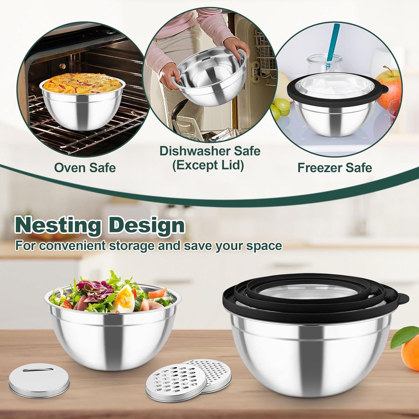 Mixing Bowls, Stainless Steel Salad Serving Bowl with Clear Lids | with 3 Graters, For Kitchen Cooking Prepping Storing, Size 4.6/2.6/1.5/1/0.7 QT, Nesting & Airtight, Set of 5 & Khaki