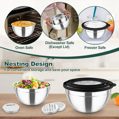 Mixing Bowls, Stainless Steel Salad Serving Bowl with Clear Lids | with 3 Graters, For Kitchen Cooking Prepping Storing, Size 4.6/2.6/1.5/1/0.7 QT, Nesting & Airtight, Set of 5 & Khaki