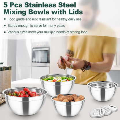 Mixing Bowls, Stainless Steel Salad Serving Bowl with Clear Lids | with 3 Graters, For Kitchen Cooking Prepping Storing, Size 4.6/2.6/1.5/1/0.7 QT, Nesting & Airtight, Set of 5 & Khaki