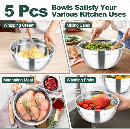 Mixing Bowls, Stainless Steel Salad Serving Bowl with Clear Lids | with 3 Graters, For Kitchen Cooking Prepping Storing, Size 4.6/2.6/1.5/1/0.7 QT, Nesting & Airtight, Set of 5 & Khaki