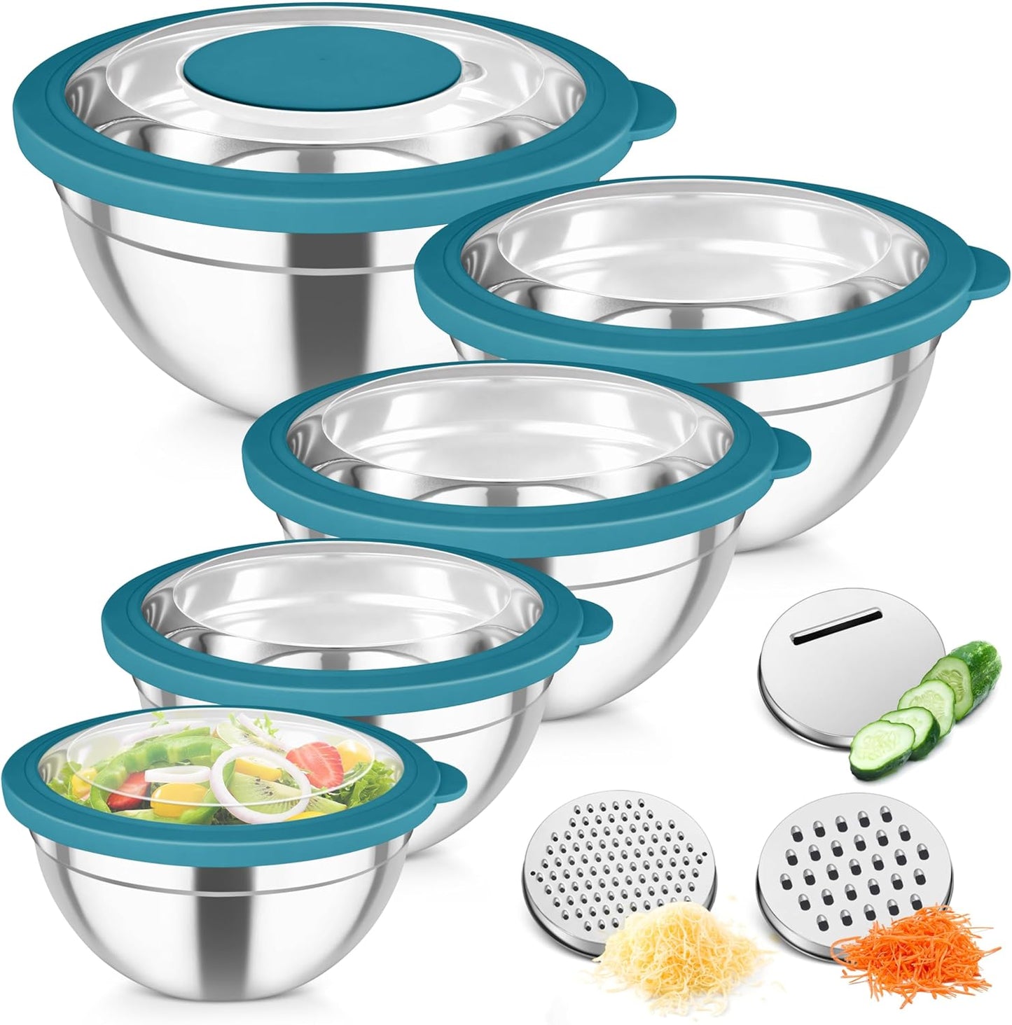 Mixing Bowls, Stainless Steel Salad Serving Bowl with Clear Lids | with 3 Graters, For Kitchen Cooking Prepping Storing, Size 4.6/2.6/1.5/1/0.7 QT, Nesting & Airtight, Set of 5 & Khaki