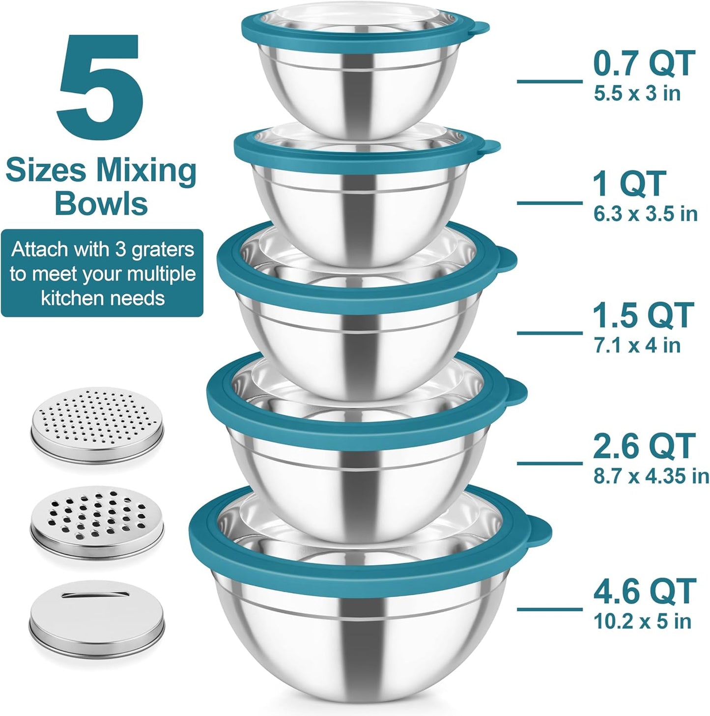 Mixing Bowls, Stainless Steel Salad Serving Bowl with Clear Lids | with 3 Graters, For Kitchen Cooking Prepping Storing, Size 4.6/2.6/1.5/1/0.7 QT, Nesting & Airtight, Set of 5 & Khaki