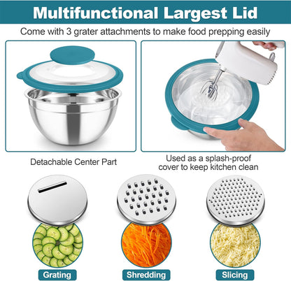 Mixing Bowls, Stainless Steel Salad Serving Bowl with Clear Lids | with 3 Graters, For Kitchen Cooking Prepping Storing, Size 4.6/2.6/1.5/1/0.7 QT, Nesting & Airtight, Set of 5 & Khaki