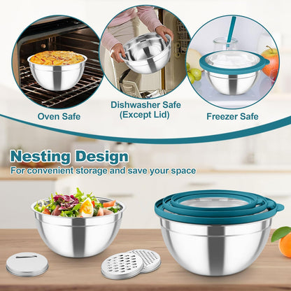 Mixing Bowls, Stainless Steel Salad Serving Bowl with Clear Lids | with 3 Graters, For Kitchen Cooking Prepping Storing, Size 4.6/2.6/1.5/1/0.7 QT, Nesting & Airtight, Set of 5 & Khaki