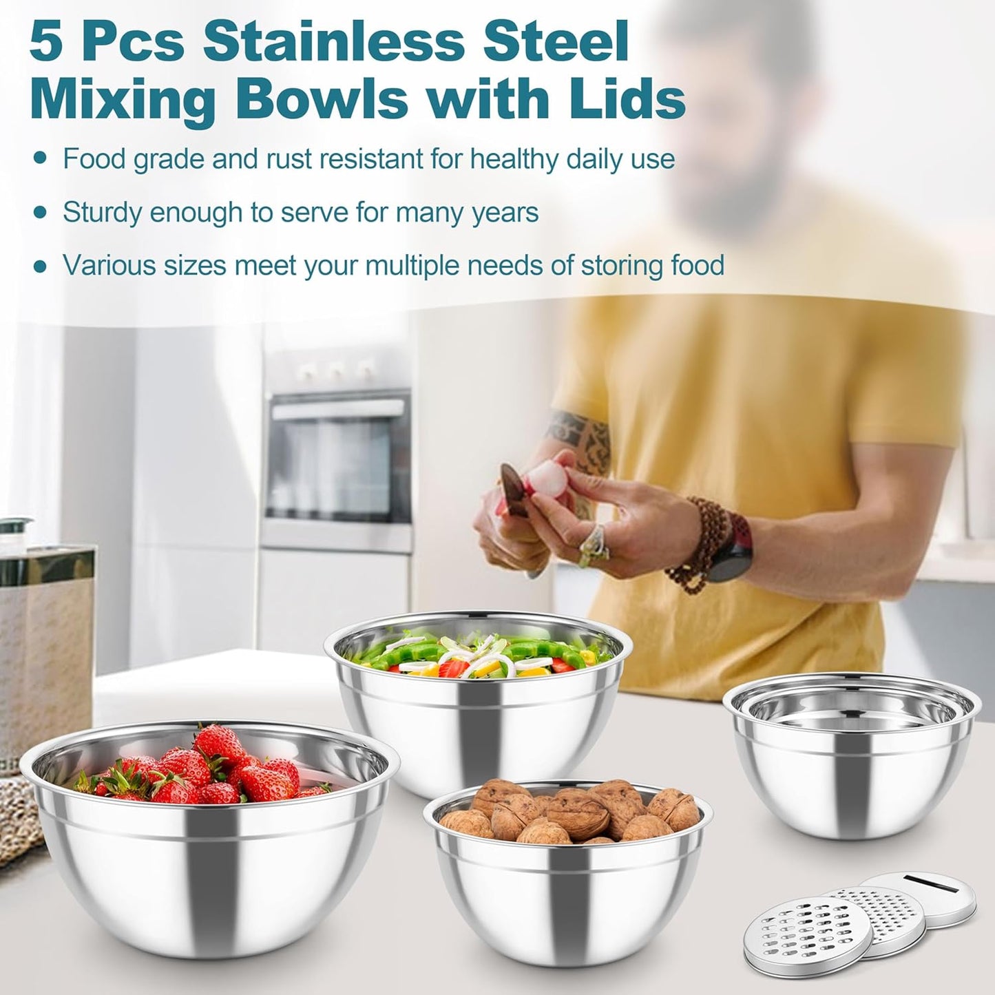 Mixing Bowls, Stainless Steel Salad Serving Bowl with Clear Lids | with 3 Graters, For Kitchen Cooking Prepping Storing, Size 4.6/2.6/1.5/1/0.7 QT, Nesting & Airtight, Set of 5 & Khaki