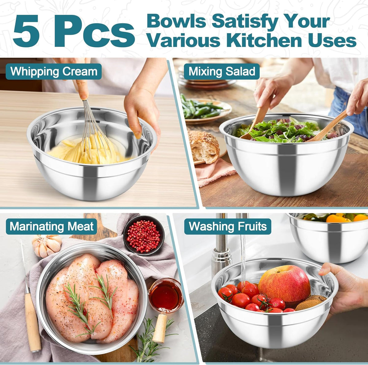 Mixing Bowls, Stainless Steel Salad Serving Bowl with Clear Lids | with 3 Graters, For Kitchen Cooking Prepping Storing, Size 4.6/2.6/1.5/1/0.7 QT, Nesting & Airtight, Set of 5 & Khaki