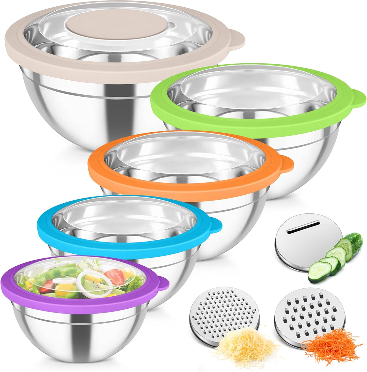 Mixing Bowls, Stainless Steel Salad Serving Bowl with Clear Lids | with 3 Graters, For Kitchen Cooking Prepping Storing, Size 4.6/2.6/1.5/1/0.7 QT, Nesting & Airtight, Set of 5 & Khaki
