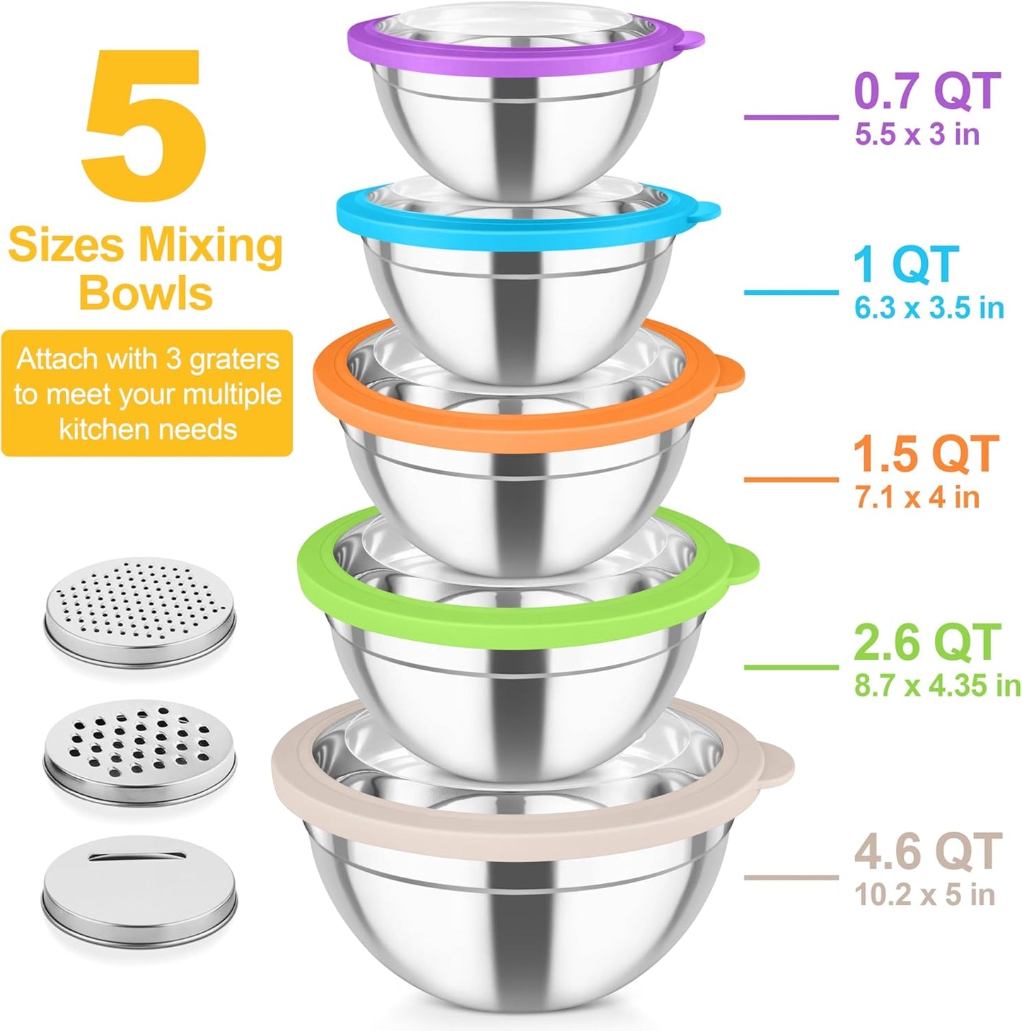 Mixing Bowls, Stainless Steel Salad Serving Bowl with Clear Lids | with 3 Graters, For Kitchen Cooking Prepping Storing, Size 4.6/2.6/1.5/1/0.7 QT, Nesting & Airtight, Set of 5 & Khaki