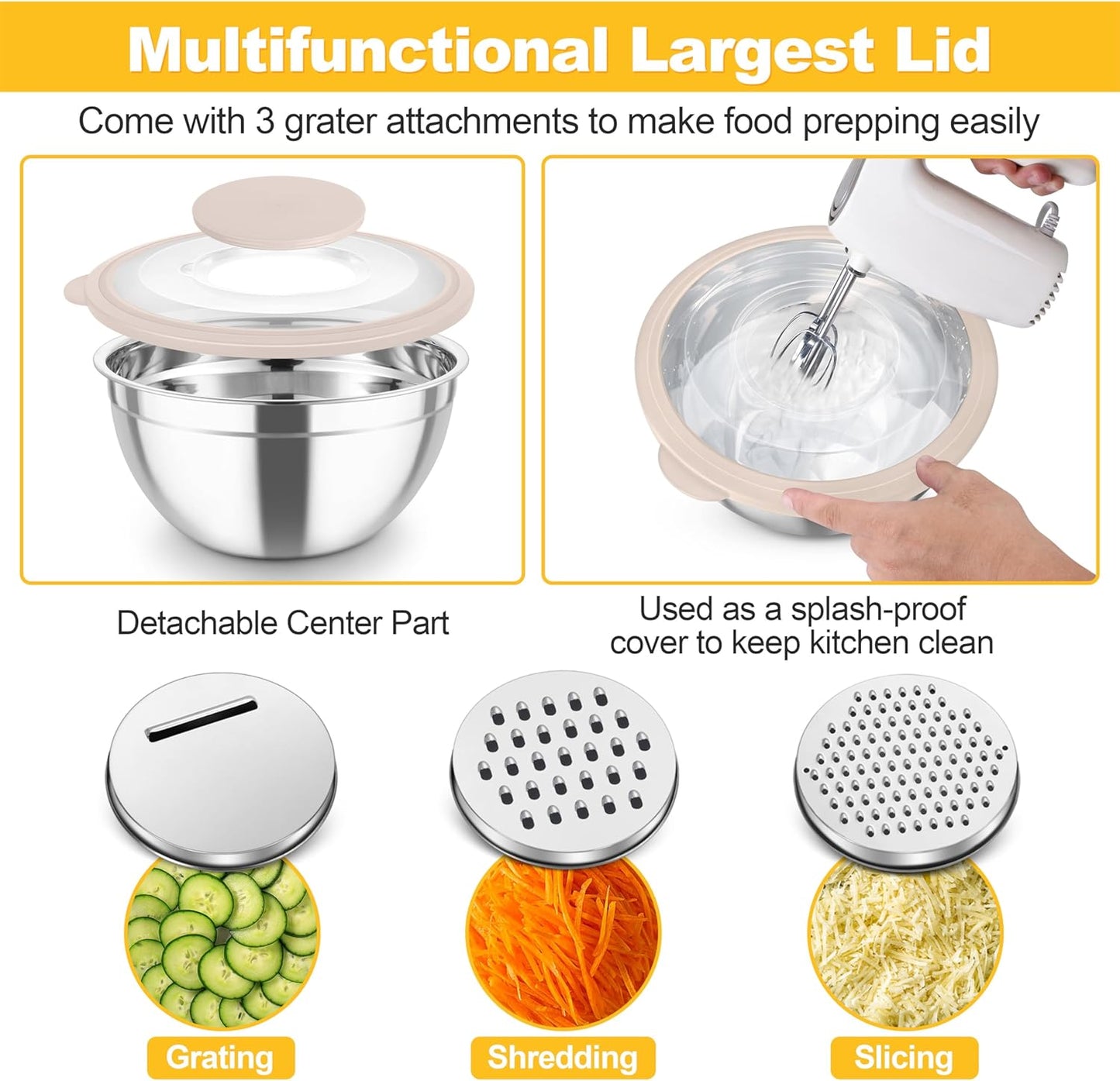 Mixing Bowls, Stainless Steel Salad Serving Bowl with Clear Lids | with 3 Graters, For Kitchen Cooking Prepping Storing, Size 4.6/2.6/1.5/1/0.7 QT, Nesting & Airtight, Set of 5 & Khaki