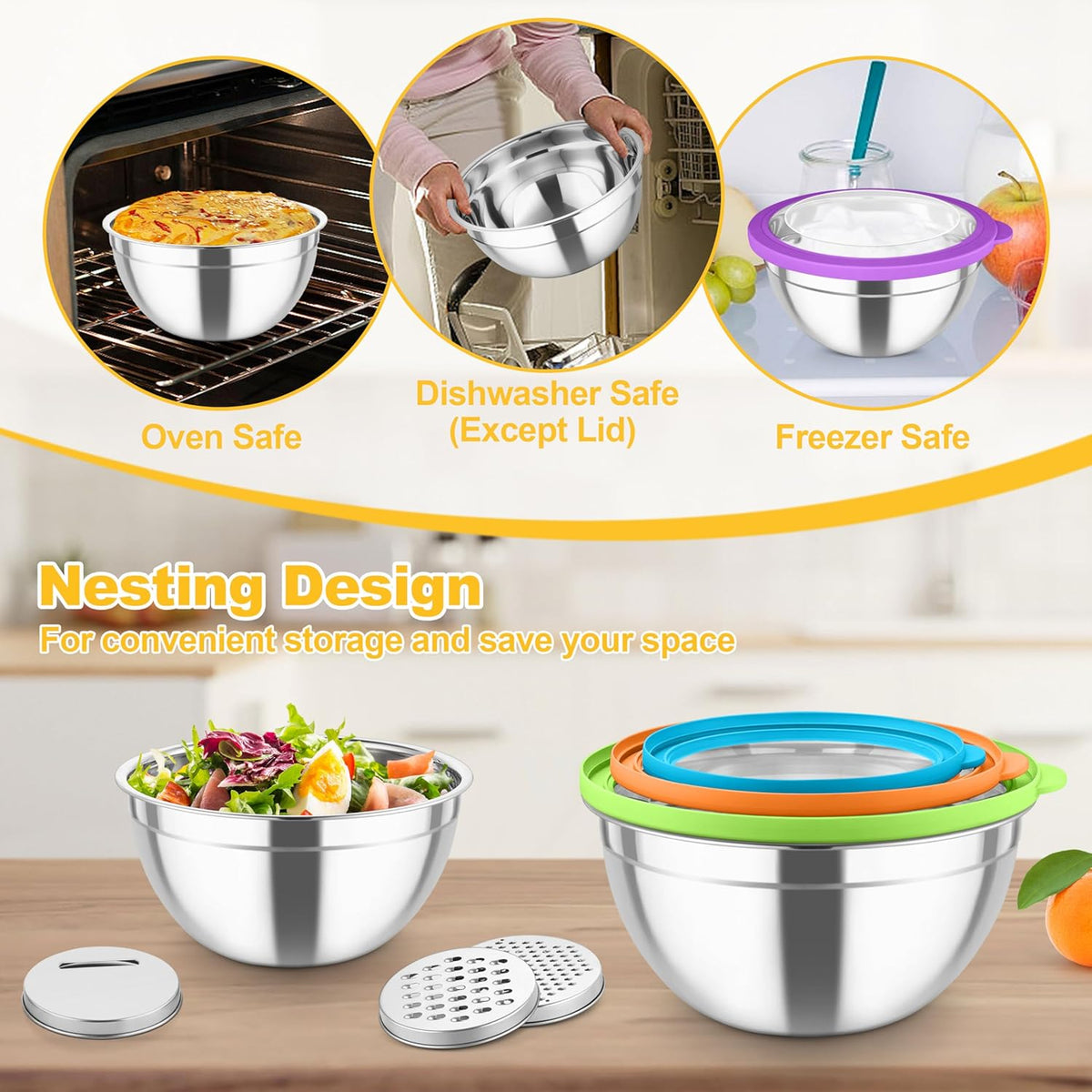 Mixing Bowls, Stainless Steel Salad Serving Bowl with Clear Lids | with 3 Graters, For Kitchen Cooking Prepping Storing, Size 4.6/2.6/1.5/1/0.7 QT, Nesting & Airtight, Set of 5 & Khaki