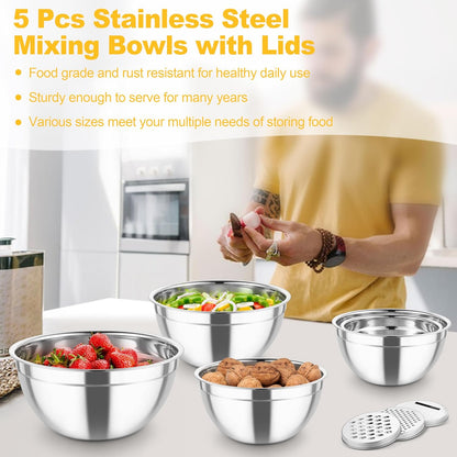 Mixing Bowls, Stainless Steel Salad Serving Bowl with Clear Lids | with 3 Graters, For Kitchen Cooking Prepping Storing, Size 4.6/2.6/1.5/1/0.7 QT, Nesting & Airtight, Set of 5 & Khaki