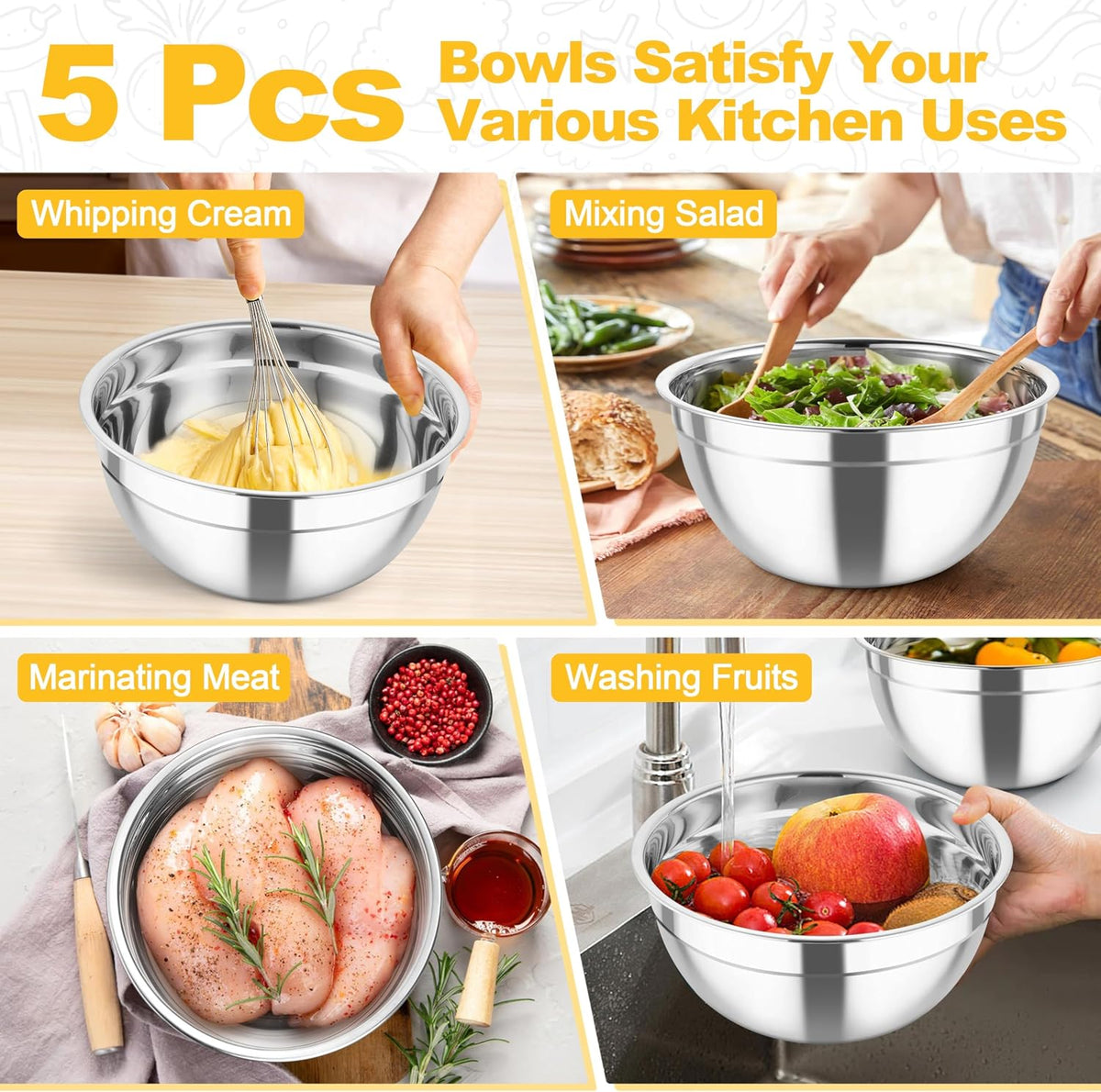 Mixing Bowls, Stainless Steel Salad Serving Bowl with Clear Lids | with 3 Graters, For Kitchen Cooking Prepping Storing, Size 4.6/2.6/1.5/1/0.7 QT, Nesting & Airtight, Set of 5 & Khaki