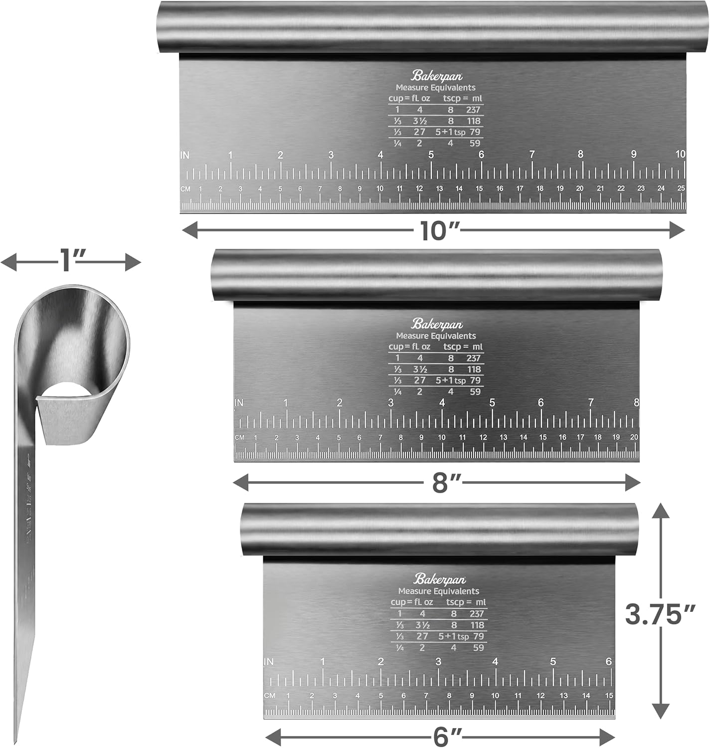 Bakerpan Stainless Steel Heavy Duty Dough Cutter, 3 Size Set - Metal Bench Scraper Kitchen Utensils, Chopper, Pizza and Pastry Cutter Tool, 10, 8, 6 Inch