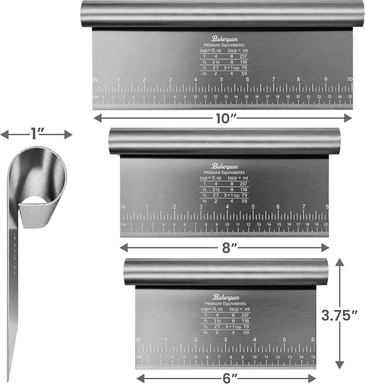 Bakerpan Stainless Steel Heavy Duty Dough Cutter, 3 Size Set - Metal Bench Scraper Kitchen Utensils, Chopper, Pizza and Pastry Cutter Tool, 10, 8, 6 Inch
