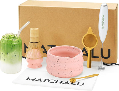 Matcha Whisk Set With Ceramic Matcha Bowl, Bamboo Whisk & Holder, Stainless Steel Spoon & Sifter, Glass Cup & Straw, Electric Frother, Storage Bag - Gift for Matcha Lovers (Premium 9-Piece Set White)