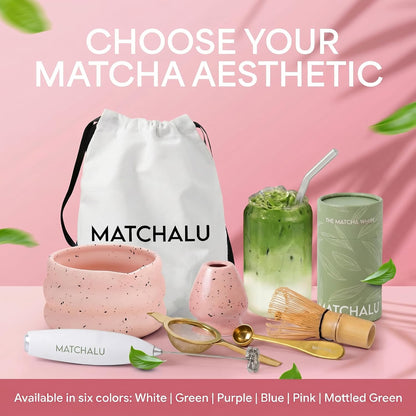 Matcha Whisk Set With Ceramic Matcha Bowl, Bamboo Whisk & Holder, Stainless Steel Spoon & Sifter, Glass Cup & Straw, Electric Frother, Storage Bag - Gift for Matcha Lovers (Premium 9-Piece Set White)