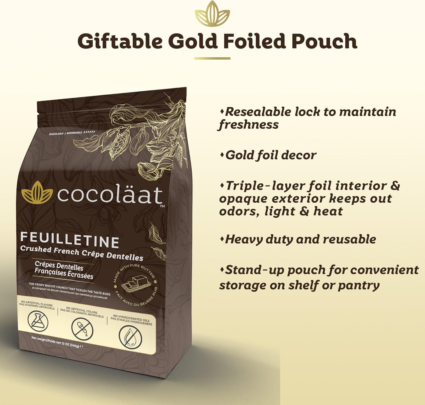 Feuilletine Crushed French Crêpe Dentelles | Crumbled Biscuit Crunch | Made With Real Butter | Imported from France | Resealable Stand Up Pouch | 12 oz/340 g