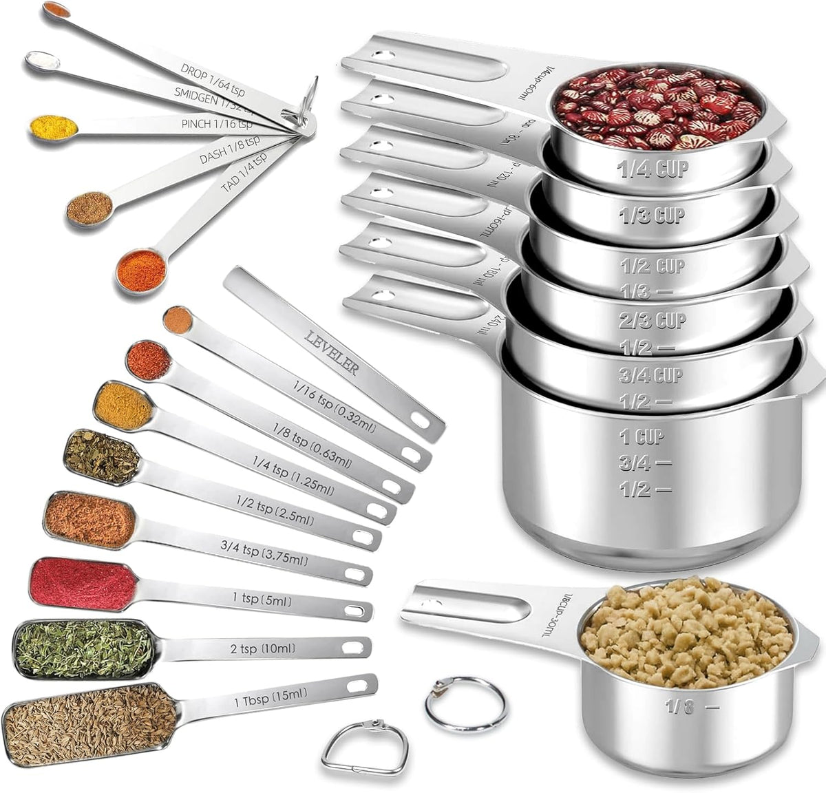 21 Pieces Measuring Cups and Spoons Set - Includes 7 Stainless Steel Measuring Cups, 8 Rectangular & 5 Mini Measuring Spoons with Leveler Fits Spice Jars, Ideal for Dry and Liquid Ingredients