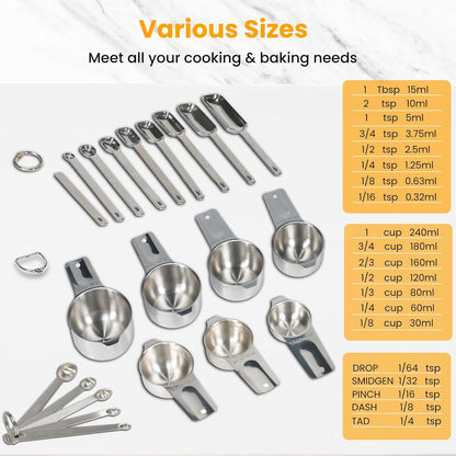21 Pieces Measuring Cups and Spoons Set - Includes 7 Stainless Steel Measuring Cups, 8 Rectangular & 5 Mini Measuring Spoons with Leveler Fits Spice Jars, Ideal for Dry and Liquid Ingredients