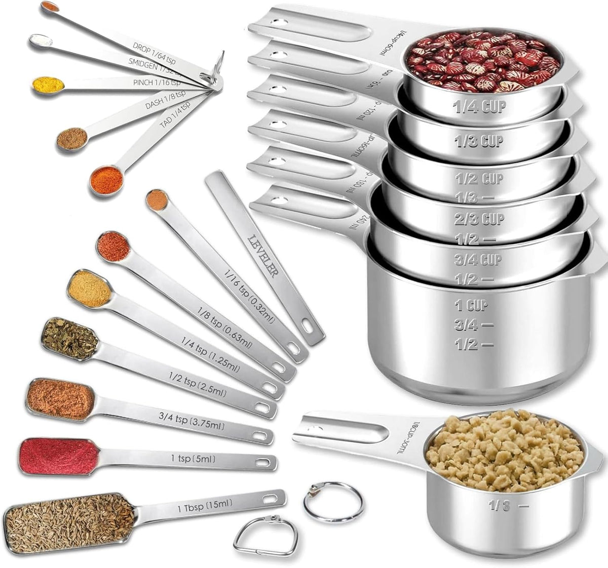 21 Pieces Measuring Cups and Spoons Set - Includes 7 Stainless Steel Measuring Cups, 8 Rectangular & 5 Mini Measuring Spoons with Leveler Fits Spice Jars, Ideal for Dry and Liquid Ingredients