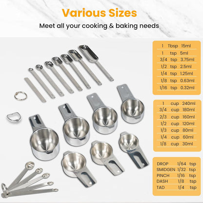 21 Pieces Measuring Cups and Spoons Set - Includes 7 Stainless Steel Measuring Cups, 8 Rectangular & 5 Mini Measuring Spoons with Leveler Fits Spice Jars, Ideal for Dry and Liquid Ingredients