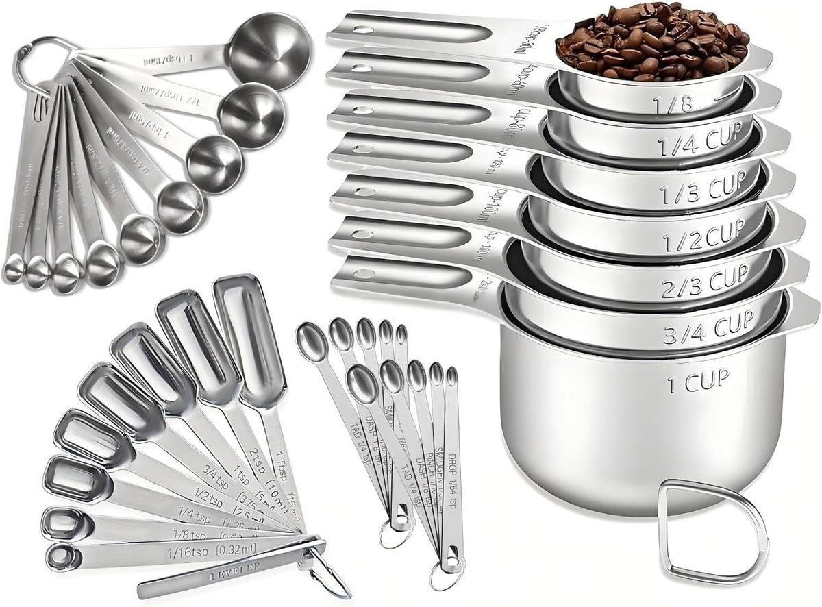 21 Pieces Measuring Cups and Spoons Set - Includes 7 Stainless Steel Measuring Cups, 8 Rectangular & 5 Mini Measuring Spoons with Leveler Fits Spice Jars, Ideal for Dry and Liquid Ingredients