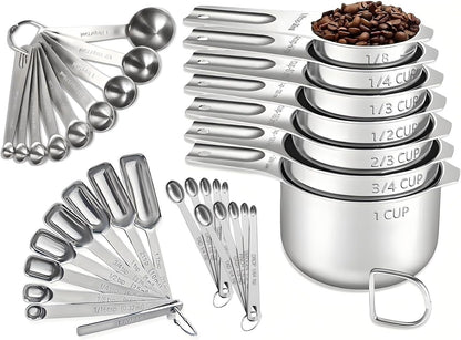 21 Pieces Measuring Cups and Spoons Set - Includes 7 Stainless Steel Measuring Cups, 8 Rectangular & 5 Mini Measuring Spoons with Leveler Fits Spice Jars, Ideal for Dry and Liquid Ingredients