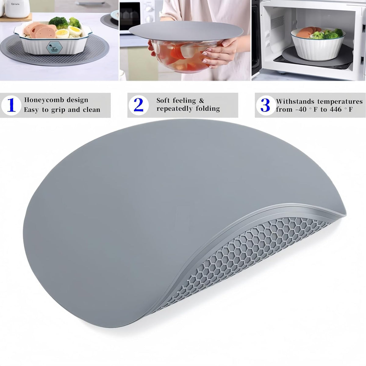 3 PCS Silicone Microwave Mat Heat Resistant Multifunctional Mat(8 10 12 Inch),Trivet,Splatter Guard,Pot Holder,Baking,Silicone Draining Mat,Place Mat,Dishwasher Safe(Gray)