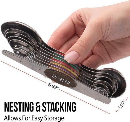 Magnetic Measuring Spoons Set of 8 Stainless Steel Etched Dual Sided Stackable Engraved Nesting Teaspoons Tablespoons for Measuring Dry and Liquid Ingredients (Multicolor)