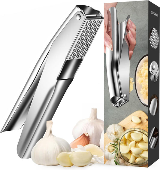 Stainless Steel Garlic Press, Garlic Crusher, Dishwasher Safe | 304 stainless steel, no peeling, ergonomic handles, 5 cm chamber