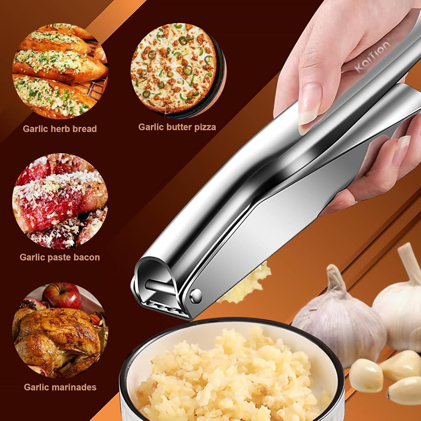 Stainless Steel Garlic Press, Garlic Crusher, Dishwasher Safe | 304 stainless steel, no peeling, ergonomic handles, 5 cm chamber