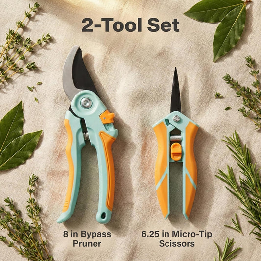 Pruning Shears 2-Pack — 8" Bypass Hand Pruner & 6.25" Precision Snips, SK5 Steel Blades with Non-Stick Coating, Lightweight Garden Shears for Roses, Flowers & Shrubs, Blue