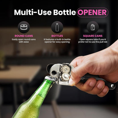 Professional Grade Handheld Manual Multifunction Can Opener & Bottle Opener With Magnet Heavy Duty and Smooth Handle With Comfortable Grip - Pink - EEF Group