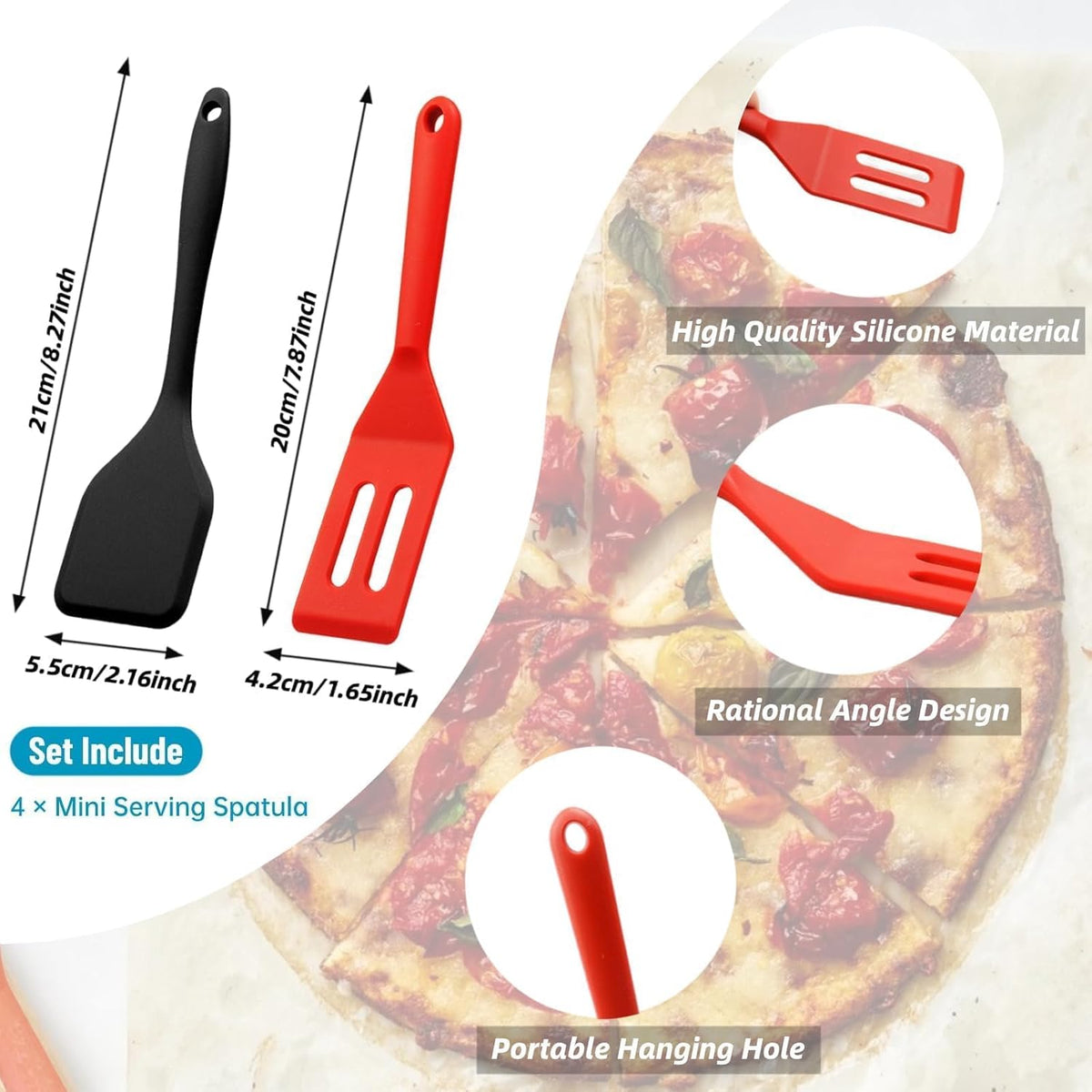 Mini Silicone Brownie Serving Spatula Set Flexible Non Stick Serve Turner Heat Resistant Cooking Spatula for Flip Eggs Crepe Steak Pizza Kitchen Utensil (Red, Black)