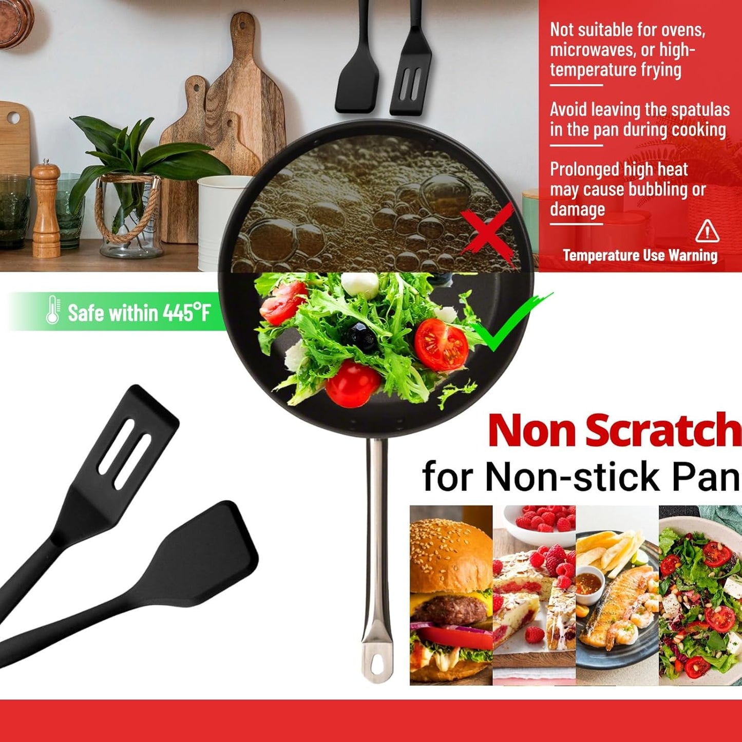 Mini Silicone Brownie Serving Spatula Set Flexible Non Stick Serve Turner Heat Resistant Cooking Spatula for Flip Eggs Crepe Steak Pizza Kitchen Utensil (Red, Black)