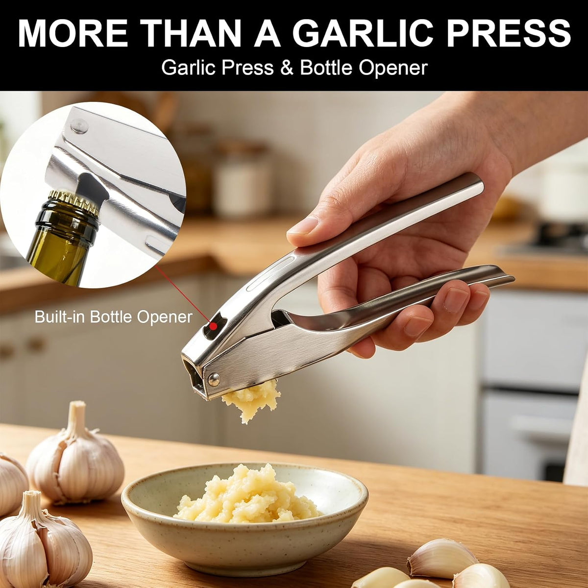 Garlic Press Stainless Steel, with Peeler Tube and Cleaning Brush