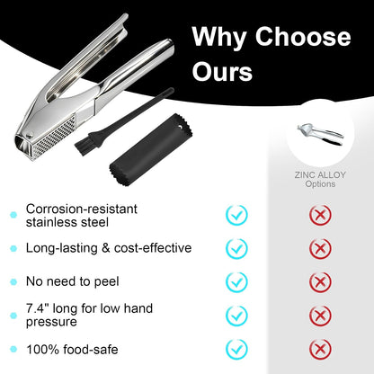 Garlic Press Stainless Steel, with Peeler Tube and Cleaning Brush