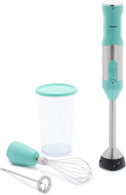 500-Watt Immersion Electric Handheld Stick Blender with Stainless Steel Blades, Whisk, Frother, Measuring Cup and Lid, Soups, Puree, Cake, Multi-Speed Control, Portable, Turquoise
