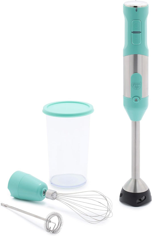 500-Watt Immersion Electric Handheld Stick Blender with Stainless Steel Blades, Whisk, Frother, Measuring Cup and Lid, Soups, Puree, Cake, Multi-Speed Control, Portable, Turquoise